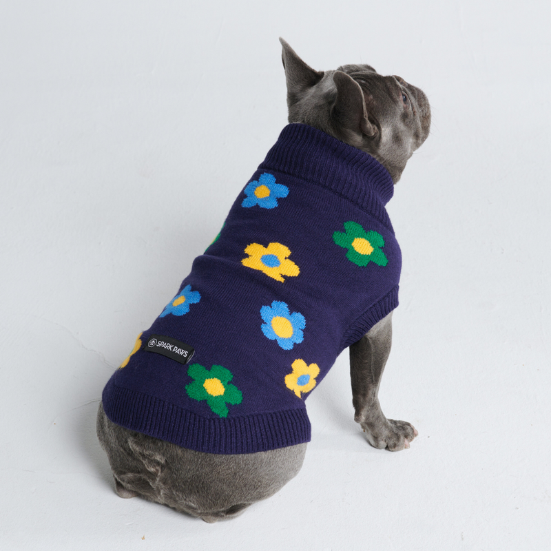 Maglione per cane lavorato a maglia - Fiori Blu Verdi Gialli