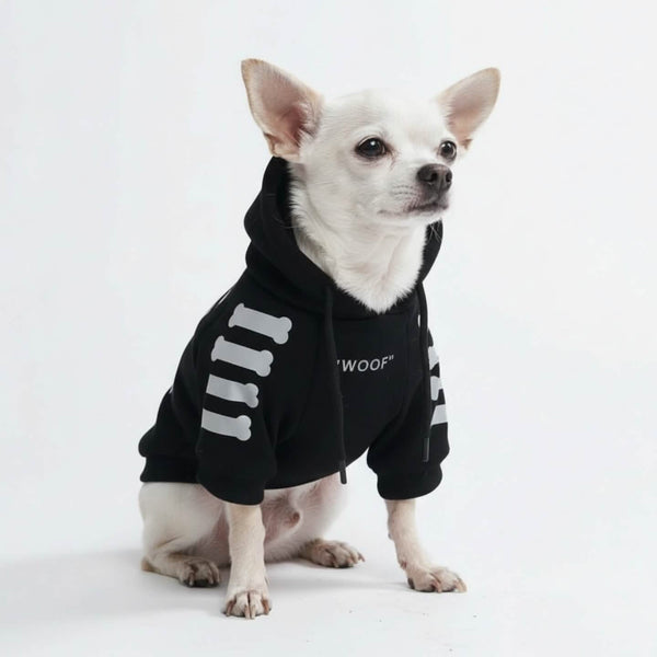 Felpa con cappuccio per cani "WOOF" - Nera e Riflettente
