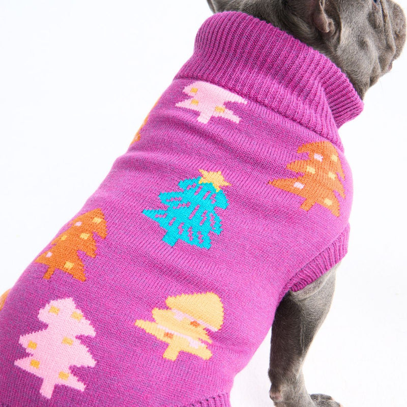 Maglione natalizio a maglia per cani – Alberi di zucchero magenta